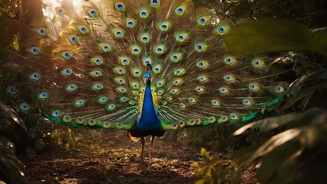 Elegant motion of the peacock's tail fanning out in a richly detailed tropical forest at sunset