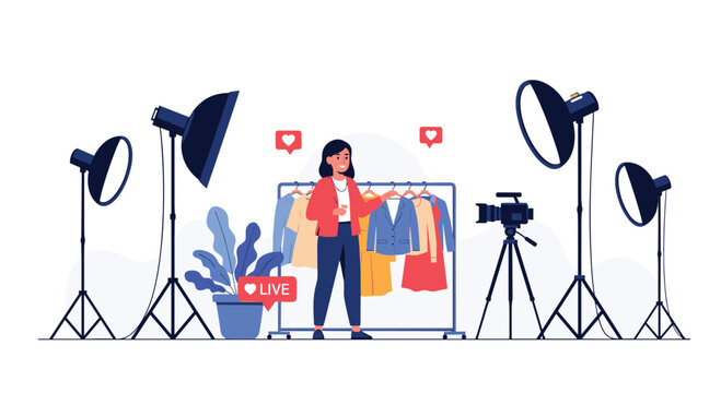 Female fashion blogger live streaming a clothing haul video in a studio with professional lighting and camera equipment setup.