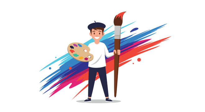 Cheerful young artist wearing a beret and holding a large paintbrush and palette, standing before a colorful abstract splash.