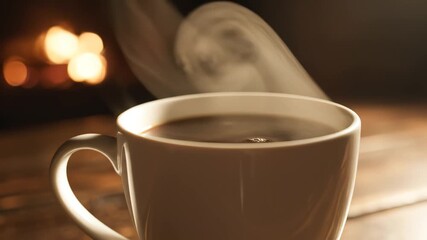 Steaming cup of coffee by fireplace