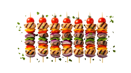 Grilled colorful skewers isolated on transparent background