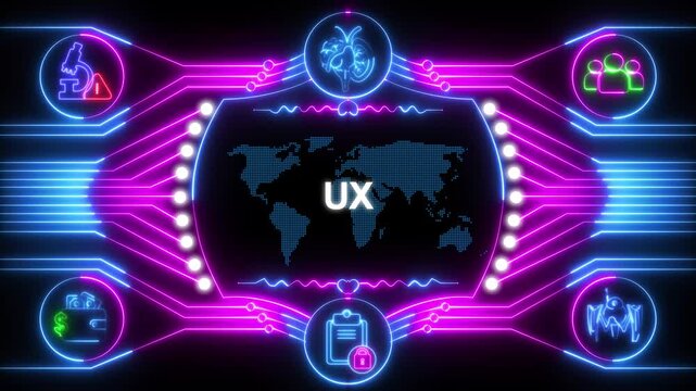 User experience design concept with neon UX interface on dark background