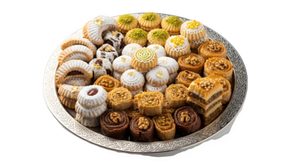 Assorted sweet pastries on a decorative plate isolated on transparent background