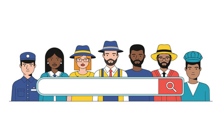 A diverse group of people representing various professions standing behind a large, empty search bar for job recruitment concepts.