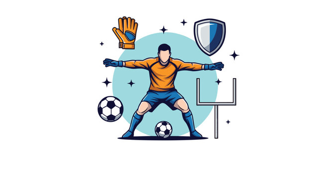 A soccer goalkeeper in a ready stance, surrounded by essential football equipment like balls, gloves, a shield, and a goalpost.