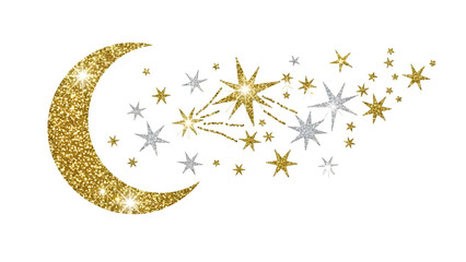 Glittering crescent moon and stars isolated on transparent background