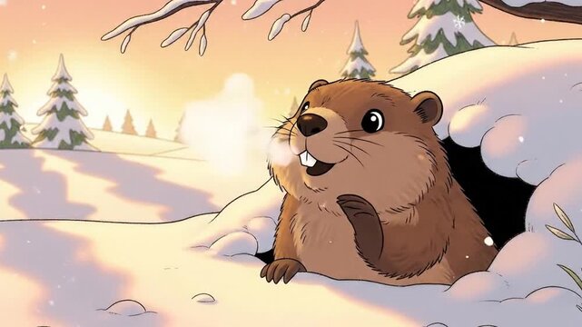 Cartoon groundhog emerging from winter burrow in snowy landscape