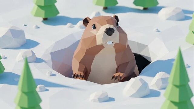 Cartoon groundhog emerging from winter snow landscape illustration