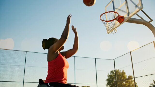Woman in wheelchair holding basketball on court