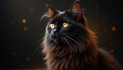 Elegant long-haired black cat with glowing amber eyes poses against dark, sparkling backdrop. Luxurious fur catches light creating mystical, high-class ambiance. Creature symbol of mystery, beauty.