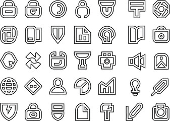 Vector line icon set of security shields, business charts, and user interface symbols.