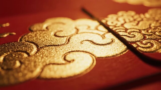 Detailed view of intricate golden cloud motifs gracefully flowing across a vibrant red background, capturing the essence of traditional cultural elegance and artistic movement
