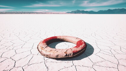 Amidst a stunning white salt flat, a solitary life ring rests on the cracked earth under a bright...