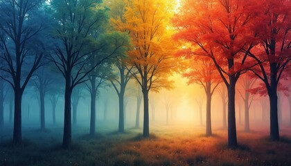 Obraz premium Image shows dreamy forest with colorful trees during autumn season. Abstract painting artwork presents beautiful landscape filled with various colored foliage, fog. Artistic photo for seasonal