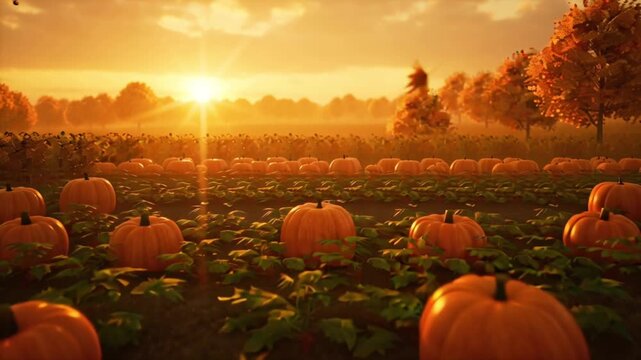Cinematic 4K autumn sunset pumpkin patch, glowing orange pumpkins neat rows, warm golden sunlight streaming light mist, vibrant green leaves vines drone movement forward, falling autumn leaves air