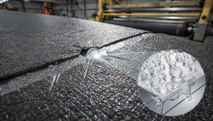 Medium shot showcasing protective cover material with selfrepairing microcapsules sealing minor abrasions against impact in an industrial environment.