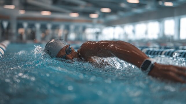 Medium shot of swimmer wearing a sleek wearable tracker receiving live pace feedback as blurred lap lanes extend in the background in a modern indoor pool.