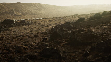 Obraz premium A vast, arid terrain stretches into the distance, dotted with large rocks and gentle elevations. A soft light casts a serene glow over this otherworldly scene, evoking a sense of adventure.