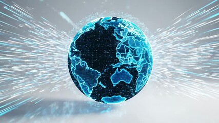 Dynamic digital Earth globe with radiating light beams symbolizing global network connectivity highspeed data transfer technological advancement and worldwide communication illustrating a futuristic . - Powered by Adobe