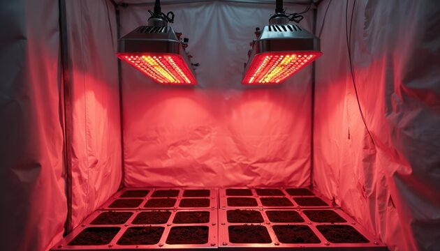 Automated growbox with red LED lights. Modern tech for indoor farming with soil in cultivation box. Light boosts crop production controlling light and dark cycle inside of the tent.