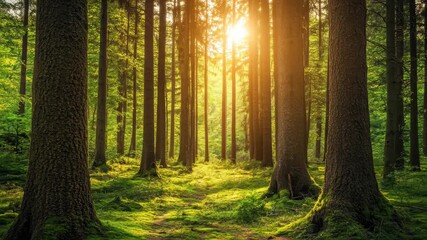 Sunlight filters through trees in a serene forest setting during late afternoon hours