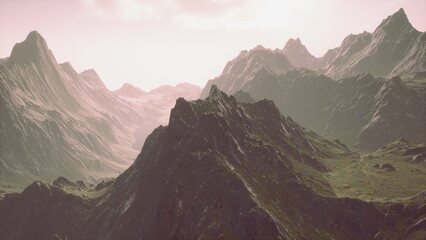 Breathtaking view of rugged mountains bathed in warm light during sunset. The peaks rise dramatically, showcasing natures beauty and tranquility, inviting exploration and adventure.