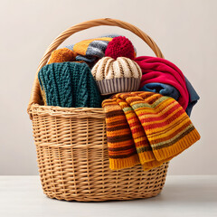 colorful knitwear in a wicker basket