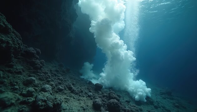 Underwater volcanic eruption releases white smoke and bubbles from seabed rocks. Deep ocean floor geology with marine life habitat. Blue water environment. Submarine vent activity.
