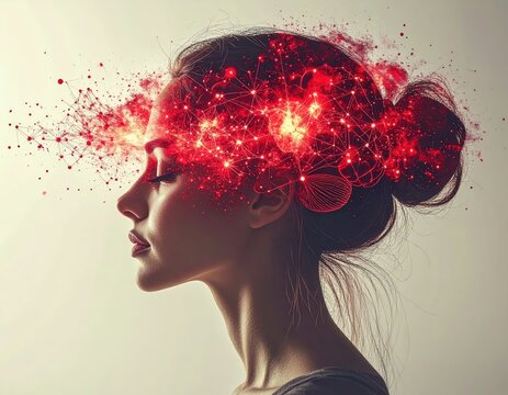 Profile Of A Woman With Exploding Red Glitter From Her Head In A Subtle Light Gray Studio Background
