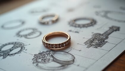 Close up of gold ring on jewelry design sketches. Ring making process is on paper. Jewelry designer draws luxury bracelet, earrings and necklace project for jewellery shop.