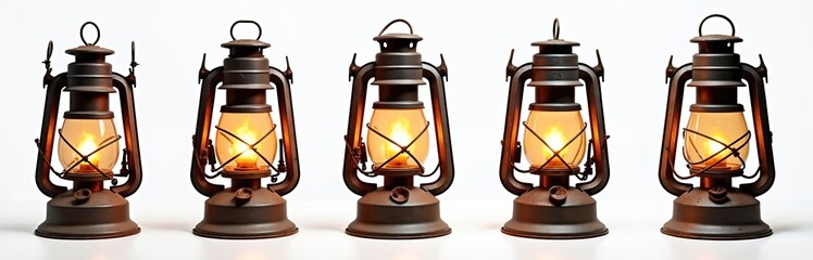 Five vintage oil lamps stay on a clean white backdrop. Rusty metal kerosene lamps glow. Retro style light lanterns stay in order on surface showing the flame.