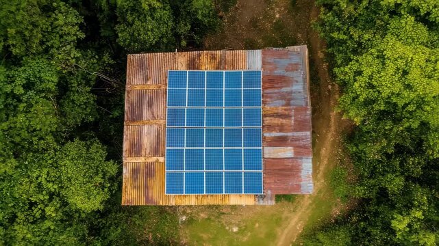 Renewable energy transforms a rural building with solar panels in a forested area