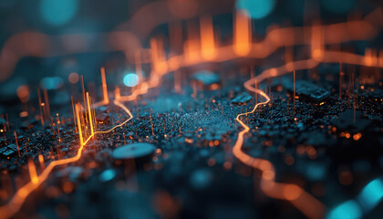 Abstract tech illustration of digital data flow and processing with lines and dots. Concept of AI blockchain network system and financial transactions shown.