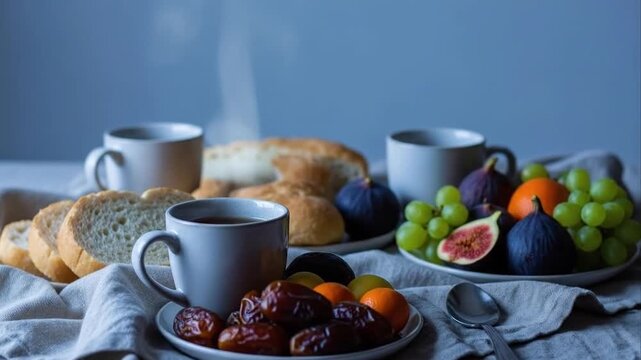 Breakfast table with coffee fruit and bread overhead view