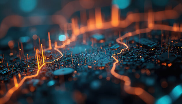 Abstract tech illustration of digital data flow and processing with lines and dots. Concept of AI blockchain network system and financial transactions shown. - Powered by Adobe