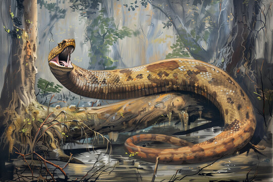 Titanoboa giant prehistoric snake illustration with open mouth and sharp fangs in a swampy ancient jungle forest environment