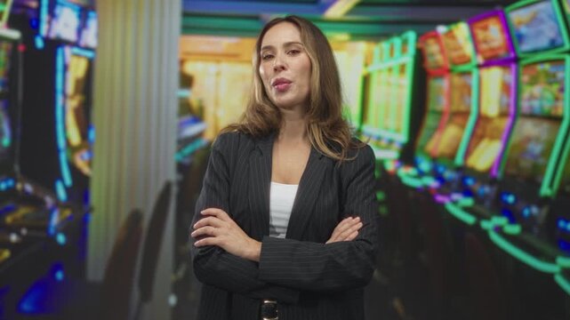 Woman arms crossed sticking out tongue in front of neon slot machines in casino, pinstripe blazer visible; playful defiance.