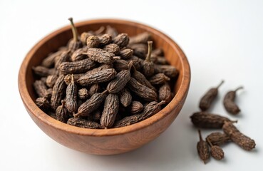 Fototapeta premium Wooden bowl full of dried Indian long pepper. Piper longum spice on white background. Hot aromatic seasoning in heap for flavouring tasty meals, cooking.