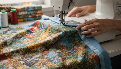 Focused medium shot capturing the sewing of printed scene shower curtains with detailed fabric patterns emphasizing artistic textile design and craftsmanship.