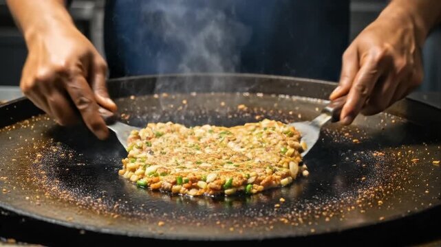Chef cooking food on a large circular griddle with spatulas