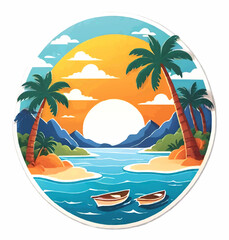 cartoon tfropical landscape with sunset, vector illustration