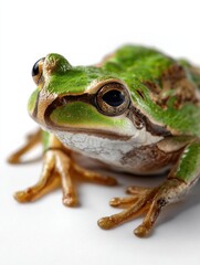 Obraz premium A frog with a green and brown body and a black eye