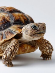 A small brown and white turtle is looking at the camera