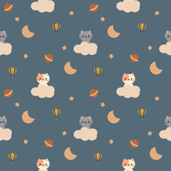 Cat on cloud cartoon so cute. On planet moon star hot air balloon background. Pattern seamless vector illustration. 