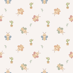 Butterfly colorful cartoon so cute. On cactus background. Pattern seamless vector illustration. 
