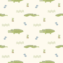 Crocodile cartoon so cute. On wave grass fish background. Pattern seamless vector illustration. 