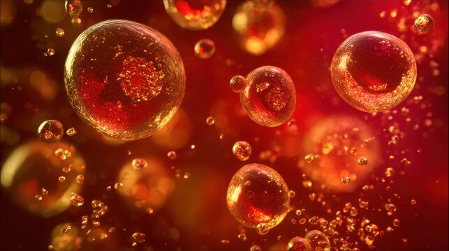 3D medical illustration showing cholesterol or lipid particles floating through a red bloodstream environment, represented as glowing golden spheres
