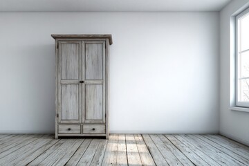 Fototapeta premium Aged wooden wardrobe stands in an empty room with a window.