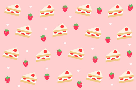Seamless pattern of flat sliced strawberry cake and fresh strawberries on soft pink background. Great for cute dessert designs, party stationery, and cheerful food visuals.