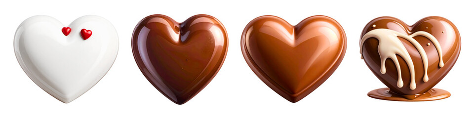 Obraz premium An assortment of delectable chocolate hearts, arranged artistically against a bright backdrop, offers a tempting visual. Capturing the essence of romance, sweetness. png transparent background